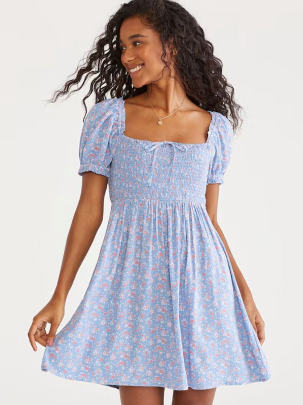 NWOT Aeropostale Blue Ditsy Floral Square Neck Smocked Mini Dress Size XL